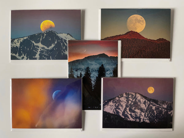 Set of 5 Moon photo notecards; Partial lunar eclipse over Mt. Tallac, Moonrise of Genoa Peak, Crescent Moon with Mt. Tallac, Fall Moon, Moonset over Maggie's Peak