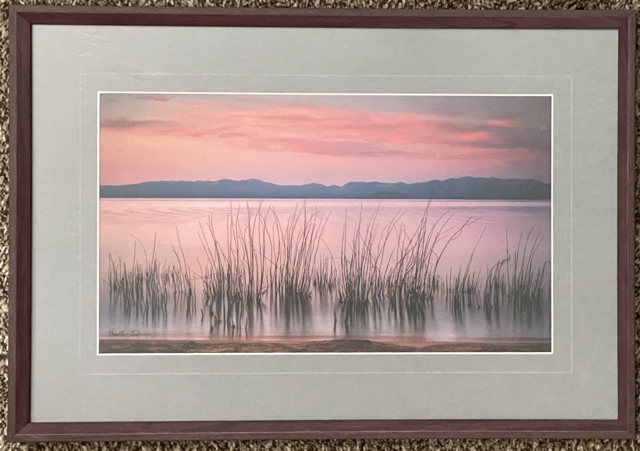 Reeds form a barrier between the shore and Lake Tahoe as the clouds and lake surface turn pink at sunset.  The mountains across the lake are visible in the background.