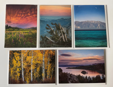 Set of 5 landscape notecards;  Wildflower sunset, White Bark Pine at Sunset, Lake Tahoe with First Quarter Moon, Golden Aspens, Emerald Bay Lenticular Sunset